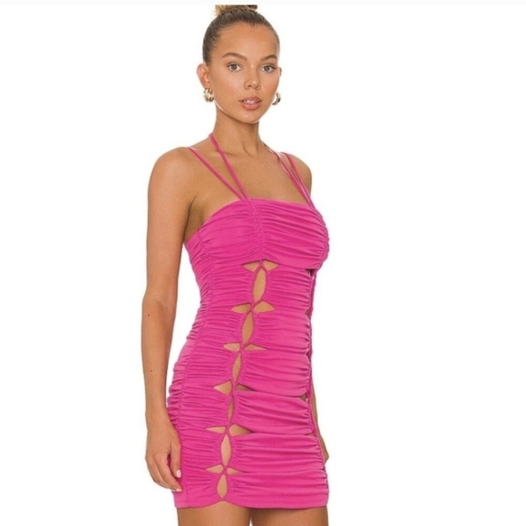 Revolve NBD Pink Cut Out Slinky Ruched Mini Dress Barbiecore Size S - Picture 1 of 7
